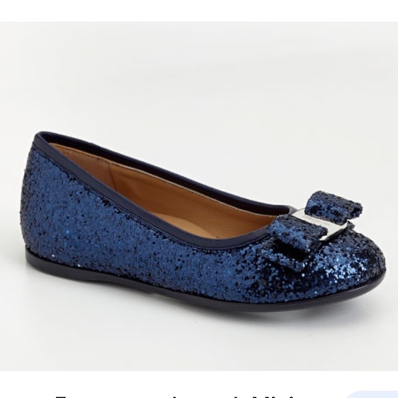 Salvator Ferragamo Little Girls Blue Sparkly Shoes With Bow. Size 13. - Picture 1 of 5